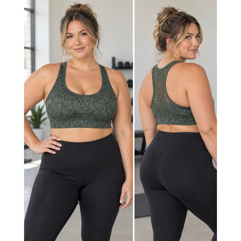 Zyia Active XXL Olive Green Printed Racerback Sports Bra Lace Back Athletic